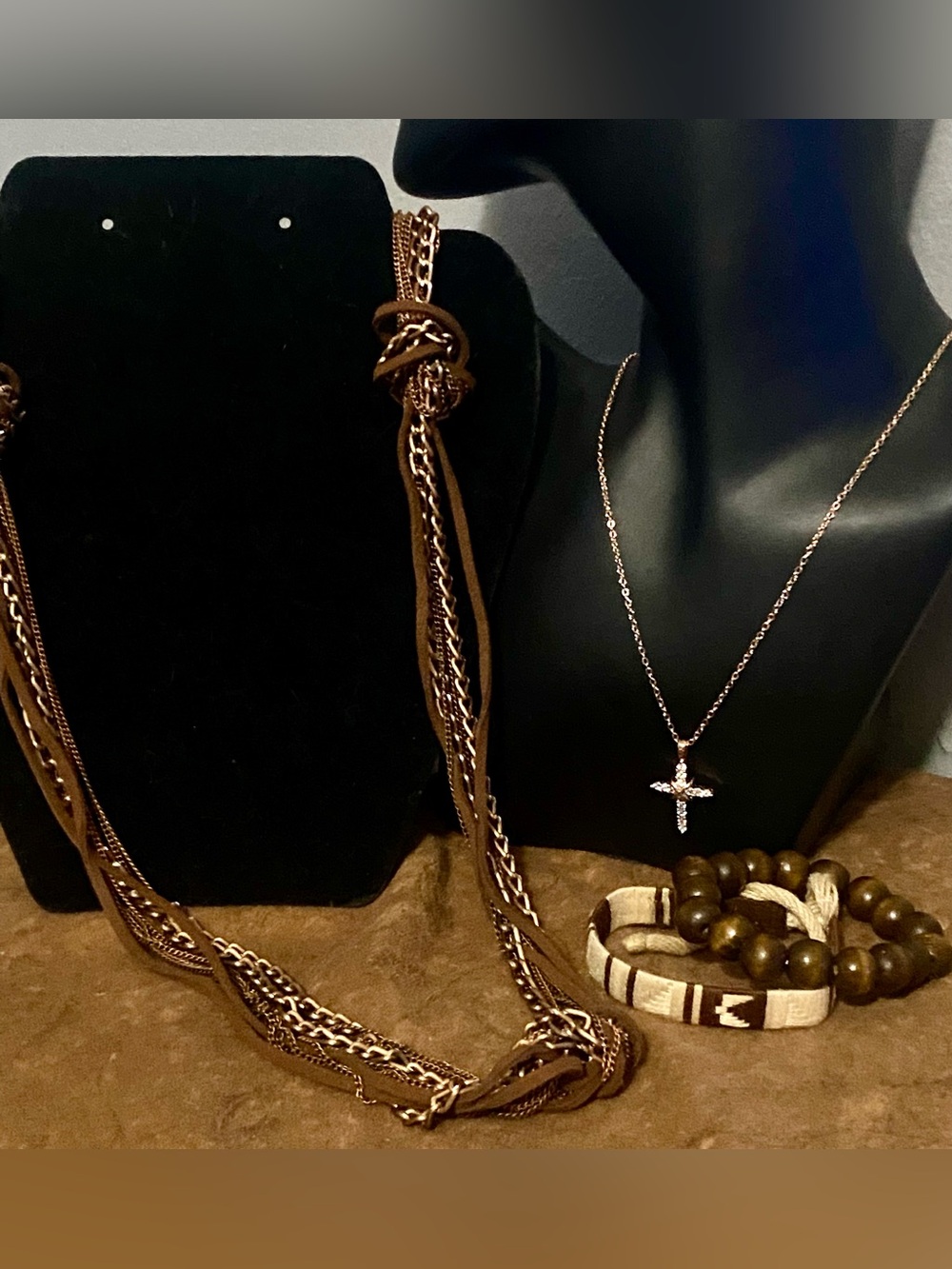 Layered Brown Suede Chain & Cross Necklace with Brown Bead & Fabric Bracelets